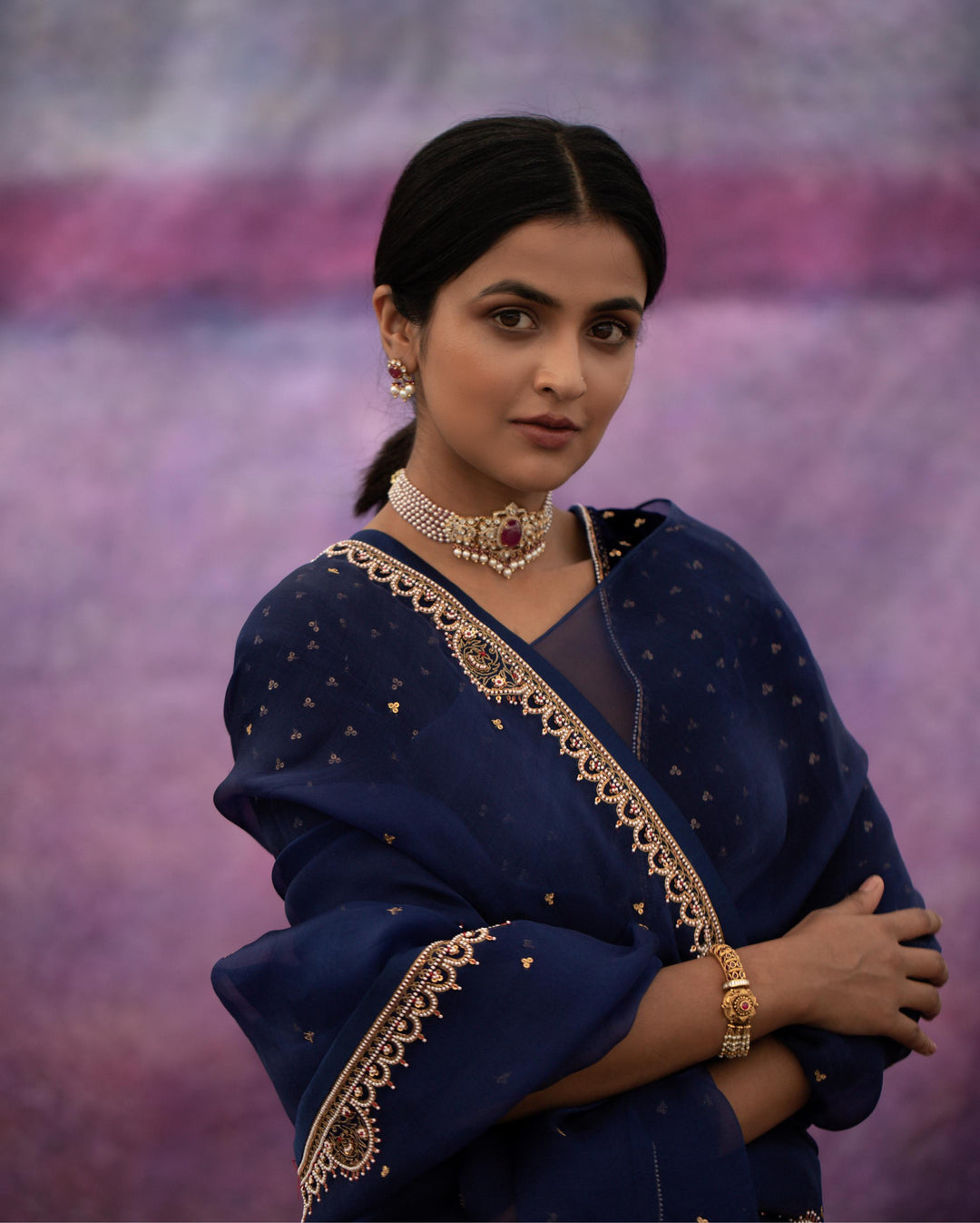 navy blue hand embroidered organza saree with blouse