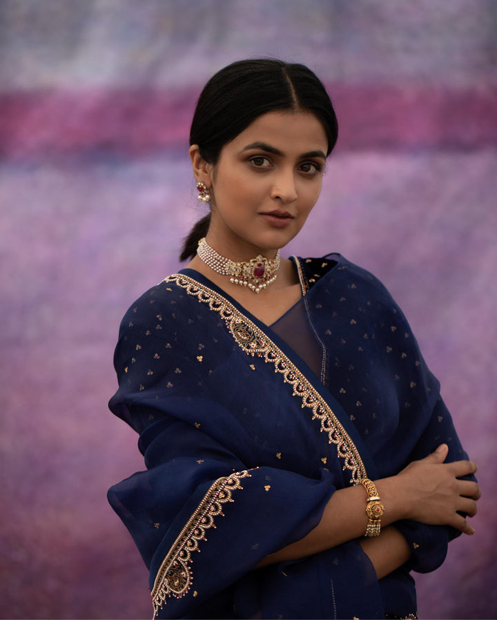 navy blue hand embroidered organza saree with blouse