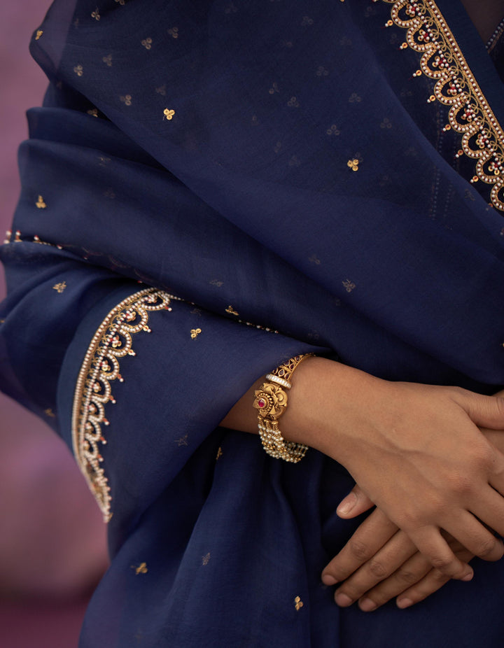 navy blue hand embroidered organza saree with blouse