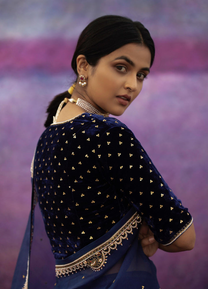 navy blue hand embroidered organza saree with blouse