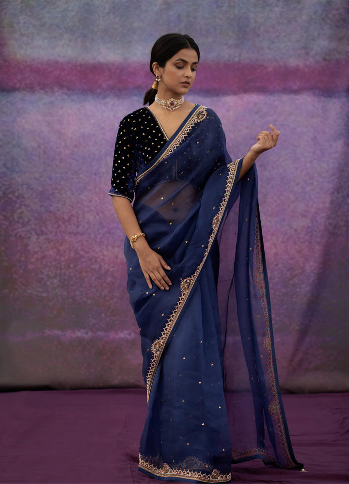navy blue hand embroidered organza saree with blouse