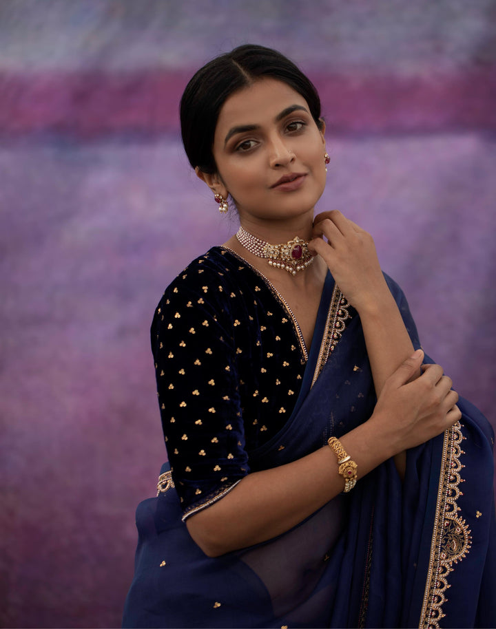 navy blue hand embroidered organza saree with blouse