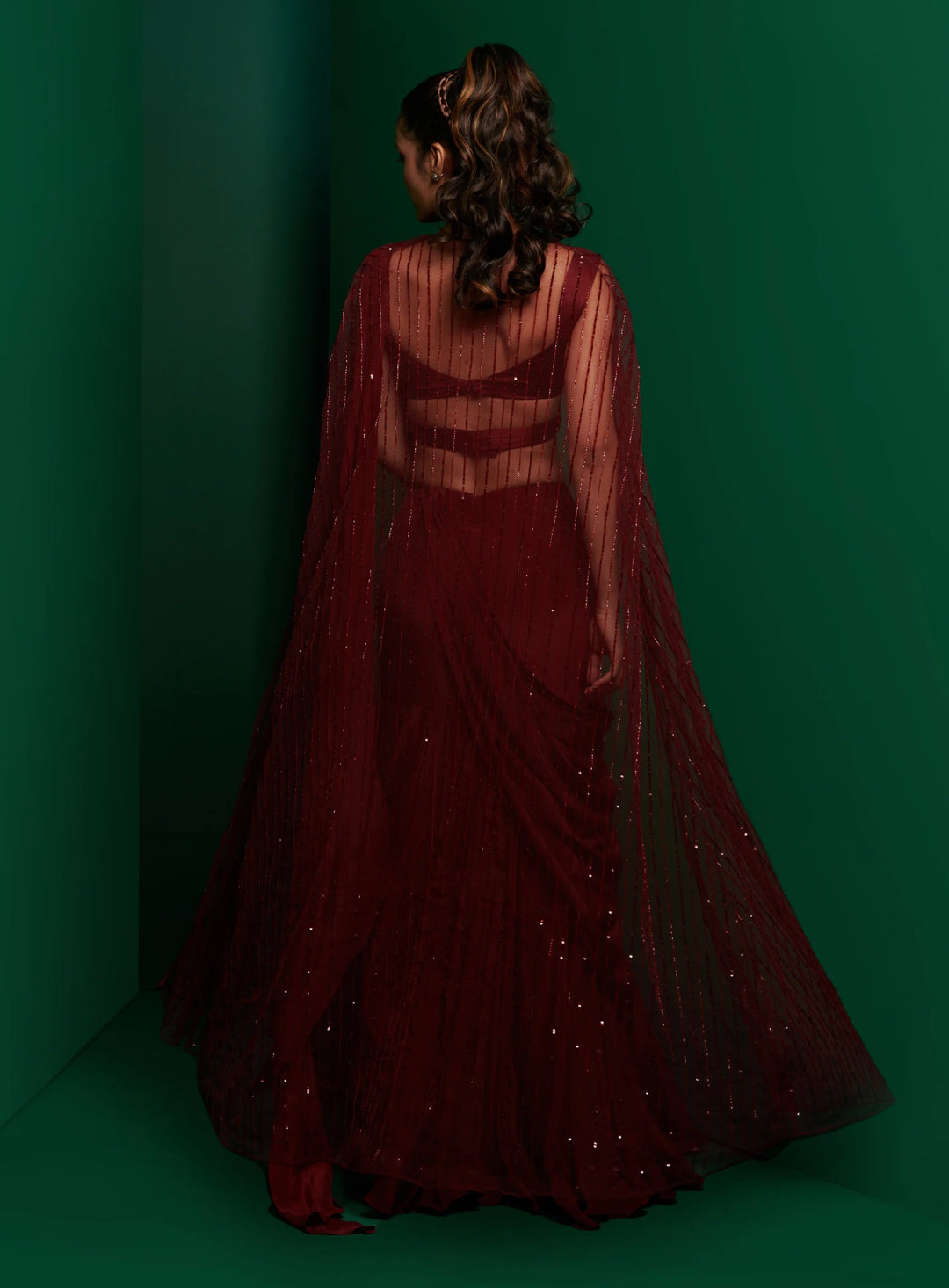 Dark Maroon Cross Body Blouse With Drape Saree & Embellished Cape