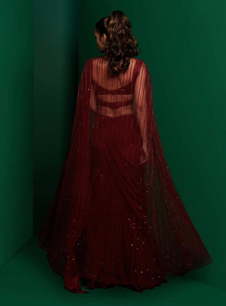 Dark Maroon Cross Body Blouse With Drape Saree & Embellished Cape