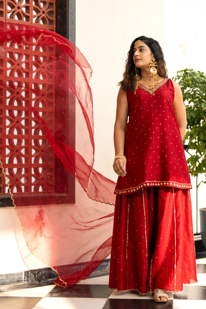 Deep maroon Sequinns Sharara set
