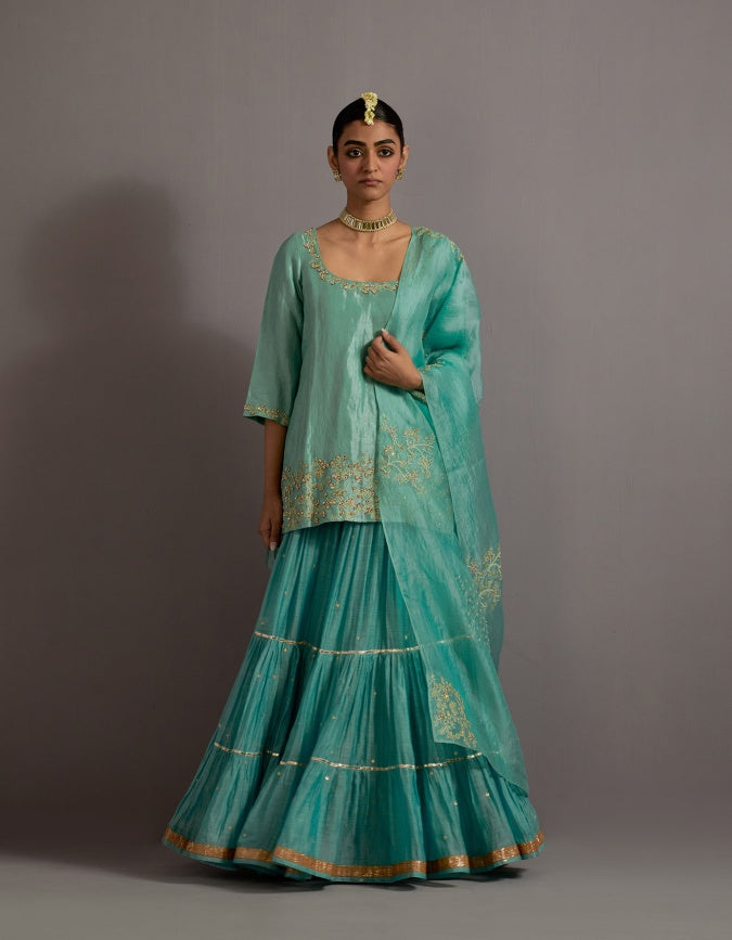 powder blue tissue short kurta skirt set