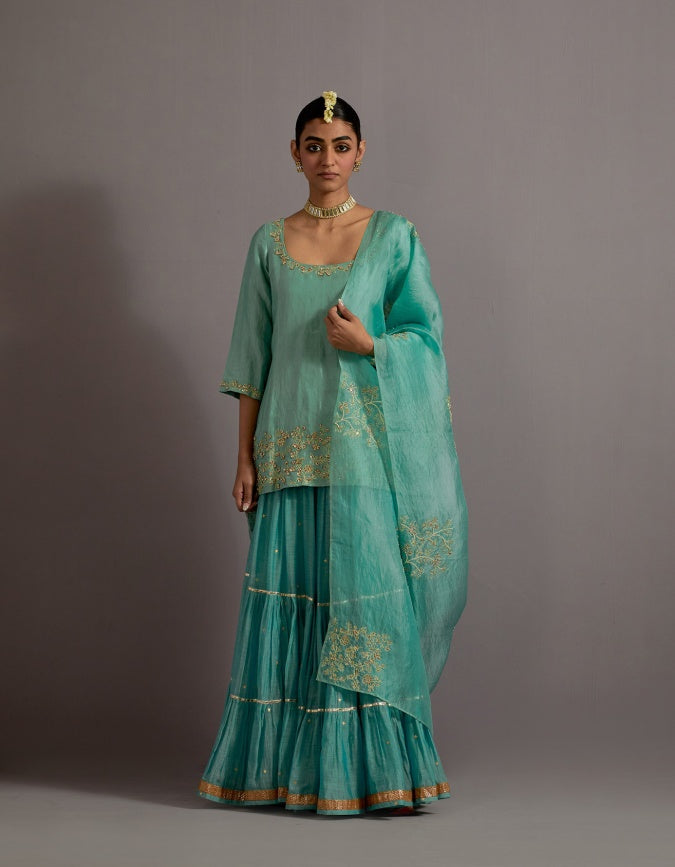 powder blue tissue short kurta skirt set
