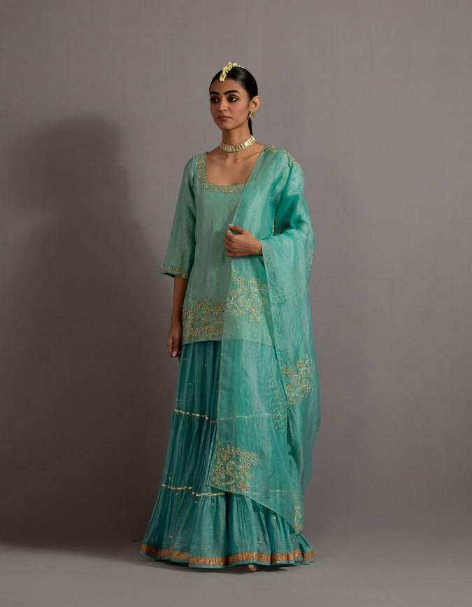 powder blue tissue short kurta skirt set
