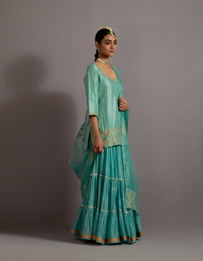 powder blue tissue short kurta skirt set