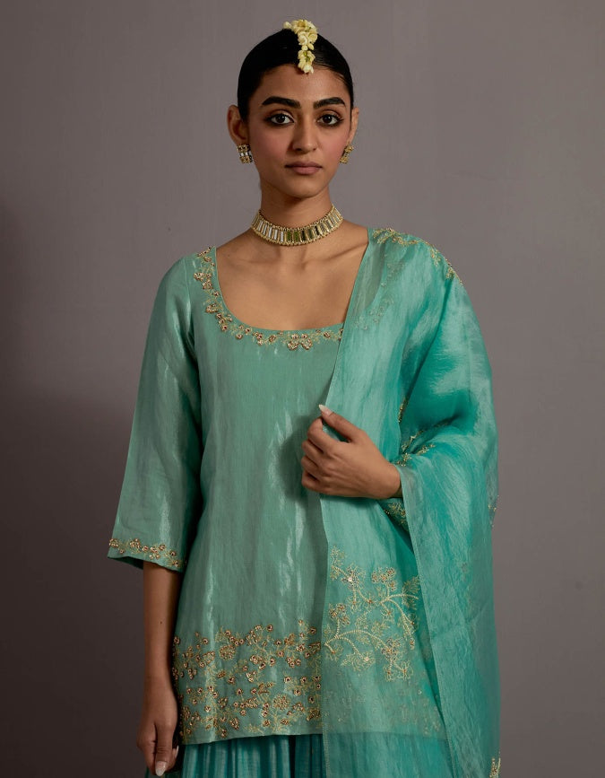 powder blue tissue short kurta skirt set