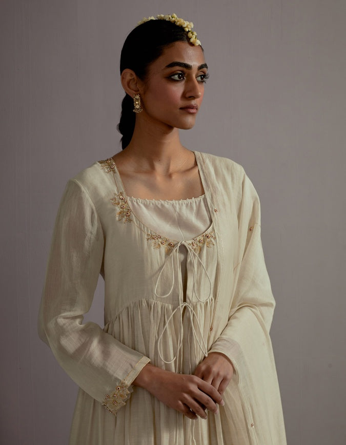 ivory guccha boota embroidered gathered angrakha set