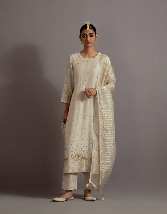 ivory tissue appliqued straight kurta set