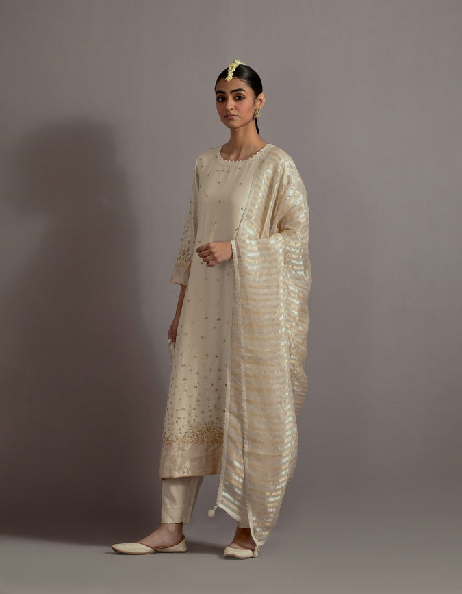 ivory tissue appliqued straight kurta set