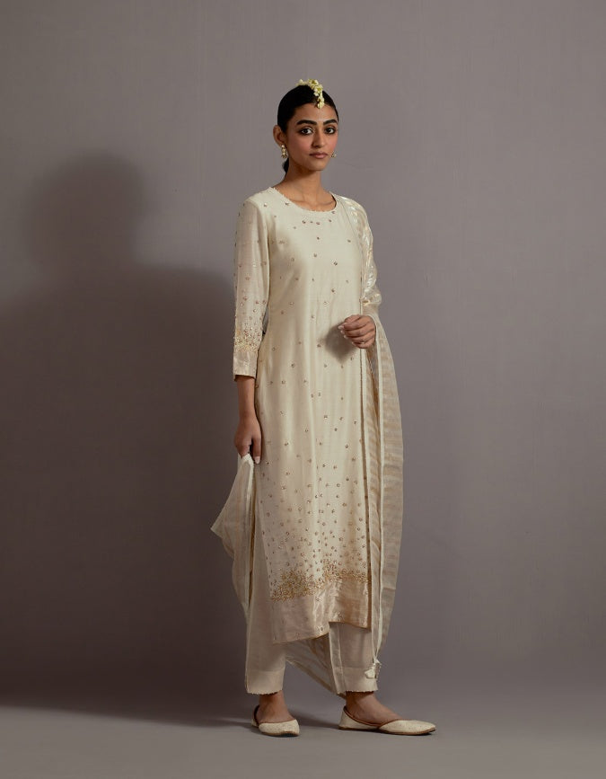 ivory tissue appliqued straight kurta set