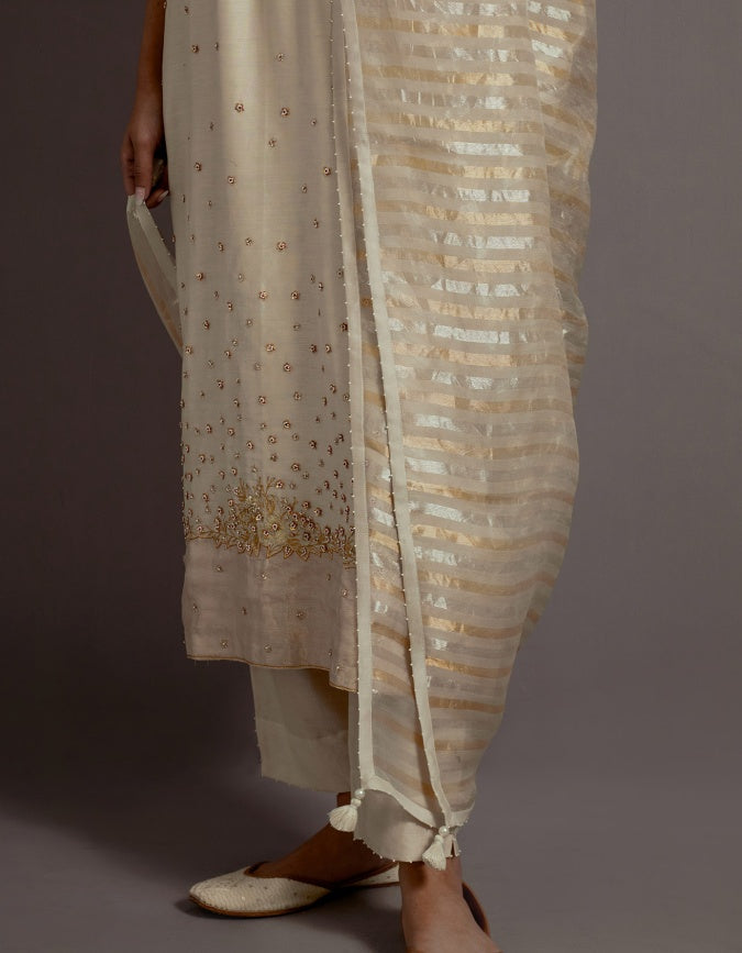 ivory tissue appliqued straight kurta set