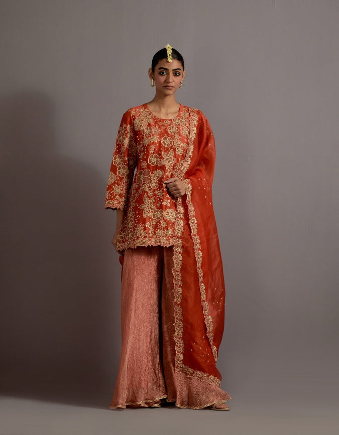 tangerine tissue appliqued boota short kurta sharara set
