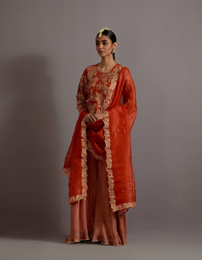 tangerine tissue appliqued boota short kurta sharara set