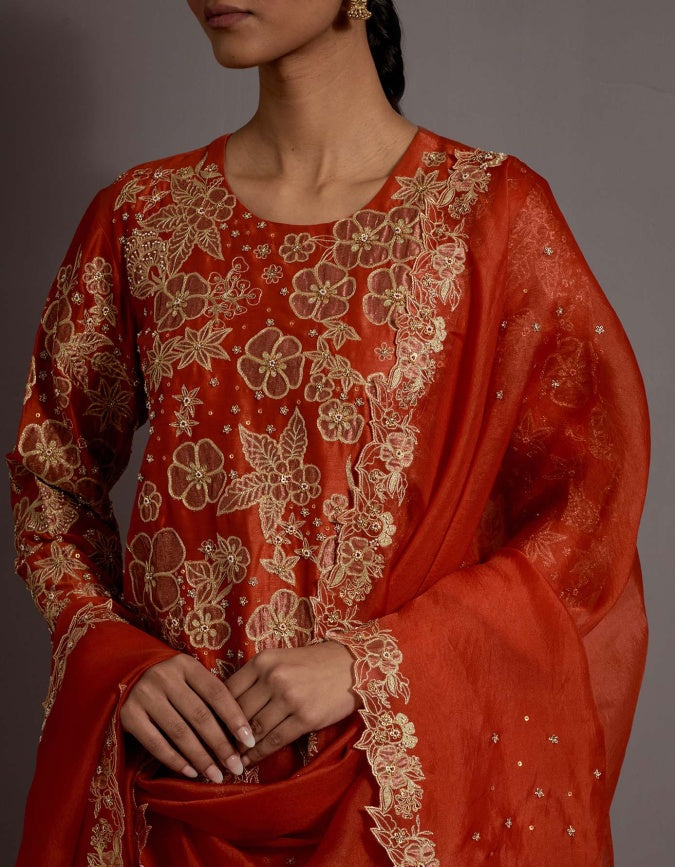 tangerine tissue appliqued boota short kurta sharara set
