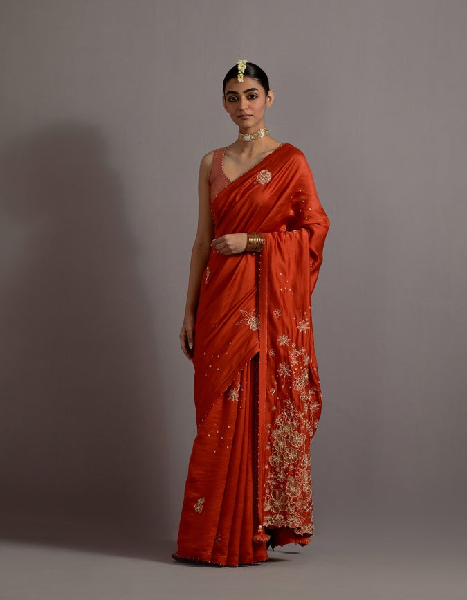 tangerine tissue appliqued boota saree and blouse