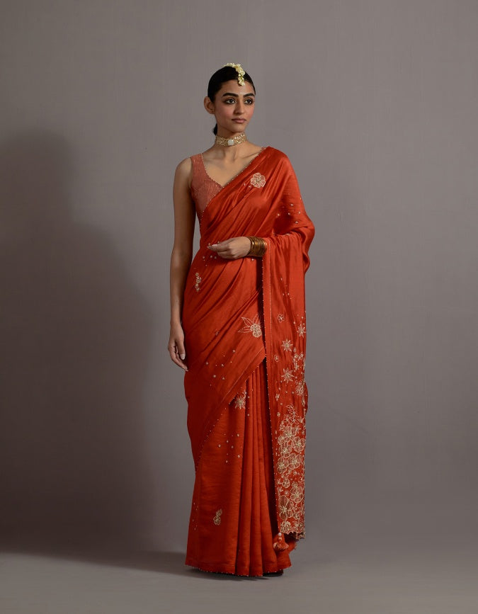 tangerine tissue appliqued boota saree and blouse