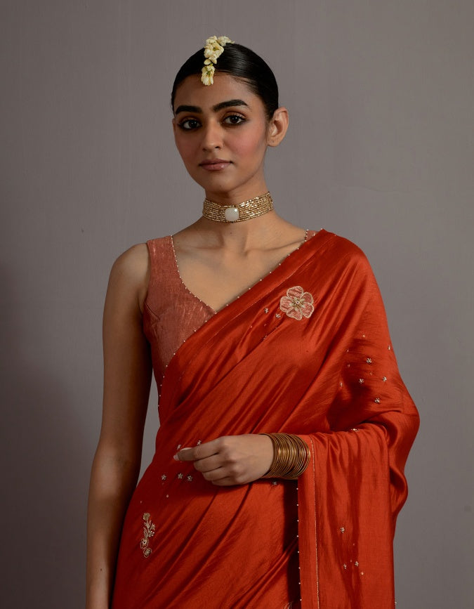 tangerine tissue appliqued boota saree and blouse