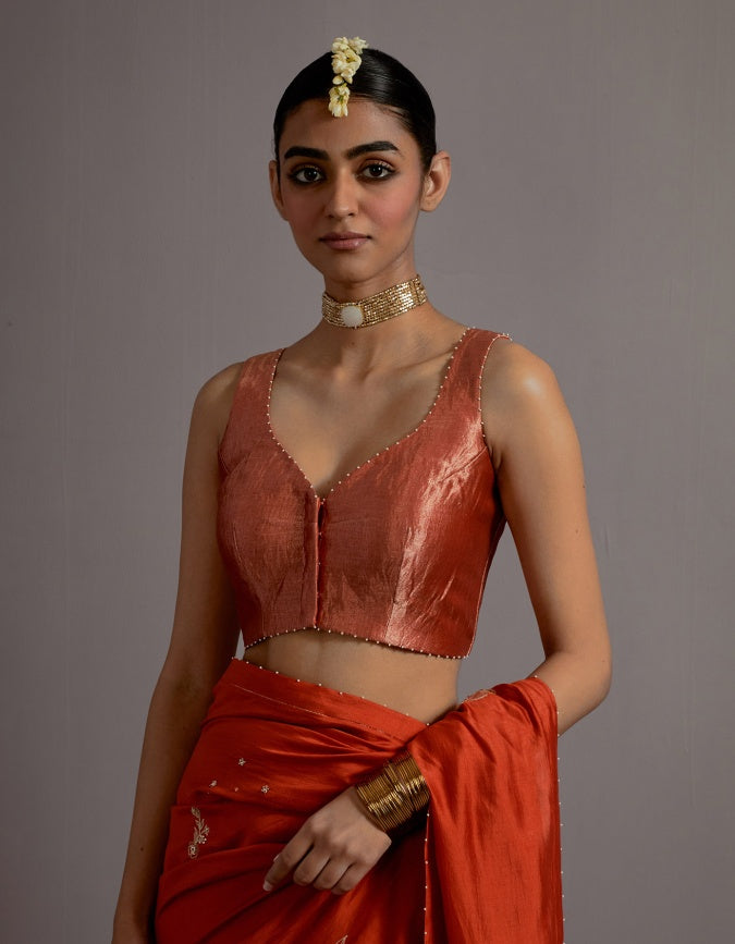 tangerine tissue appliqued boota saree and blouse