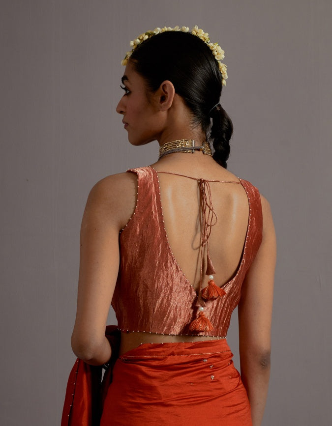 tangerine tissue appliqued boota saree and blouse