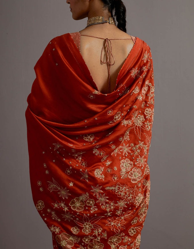 tangerine tissue appliqued boota saree and blouse