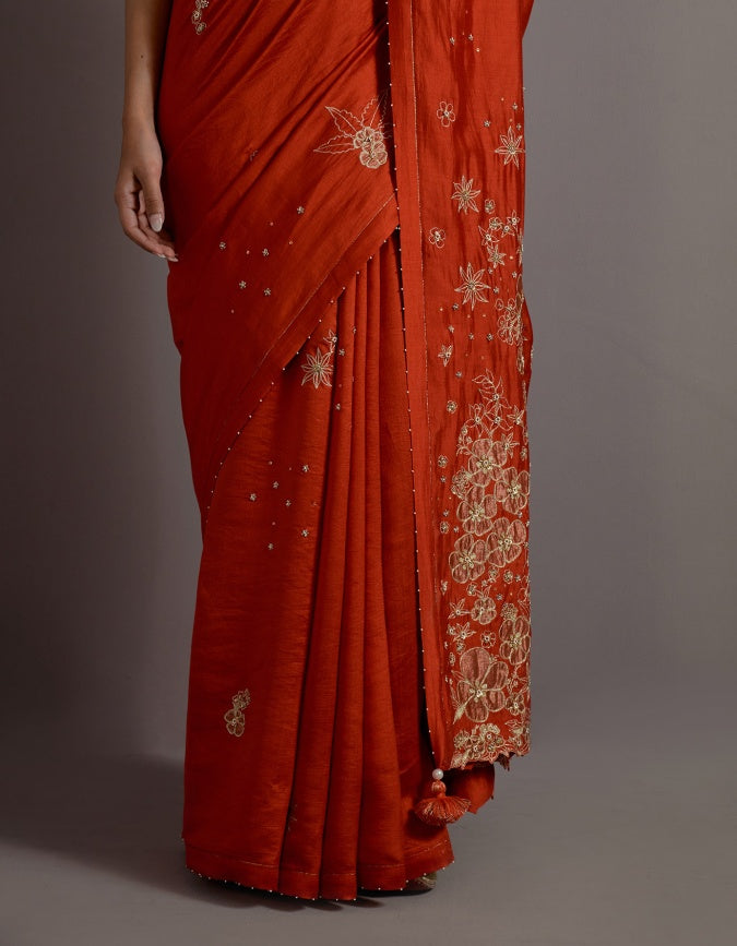 tangerine tissue appliqued boota saree and blouse
