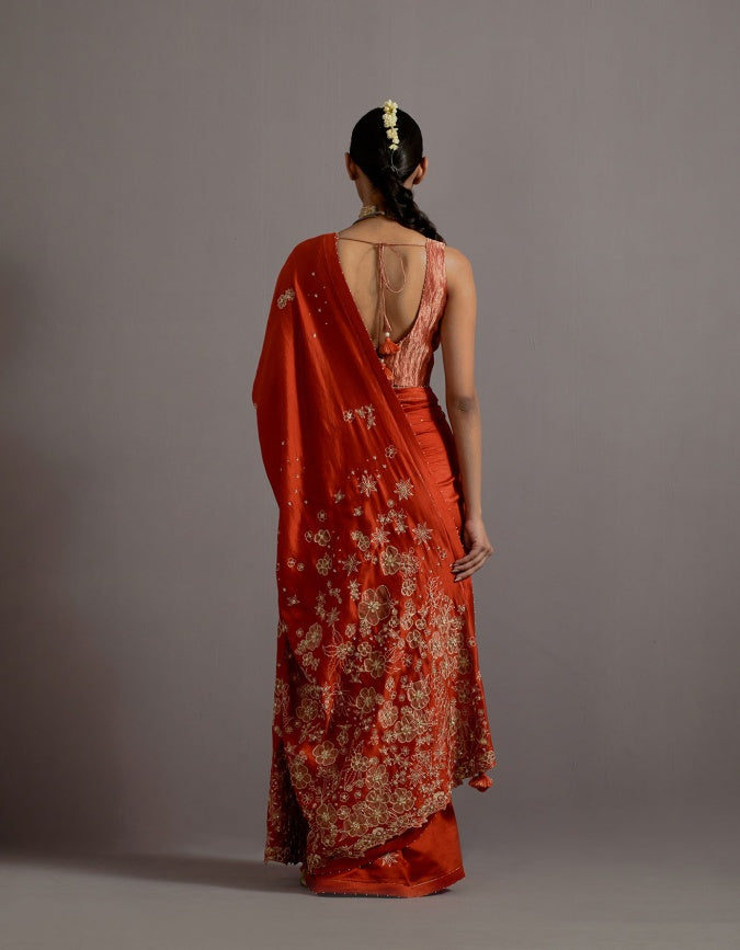 tangerine tissue appliqued boota saree and blouse
