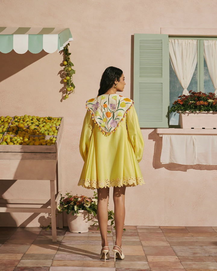Butter Yellow Short Dress with Tulip Cape