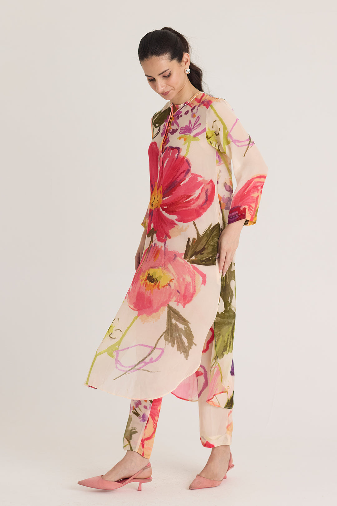 Dolly White Crepe Long Kurta Set