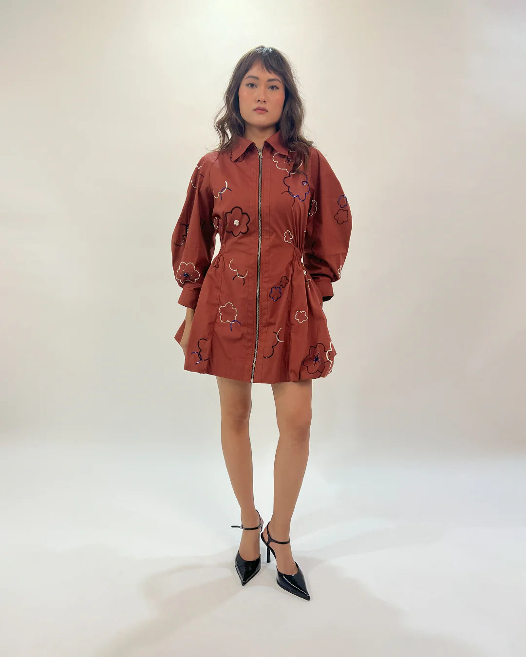 Embroidered bubble hem dress