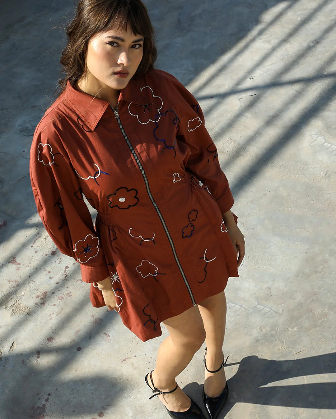 Embroidered bubble hem dress