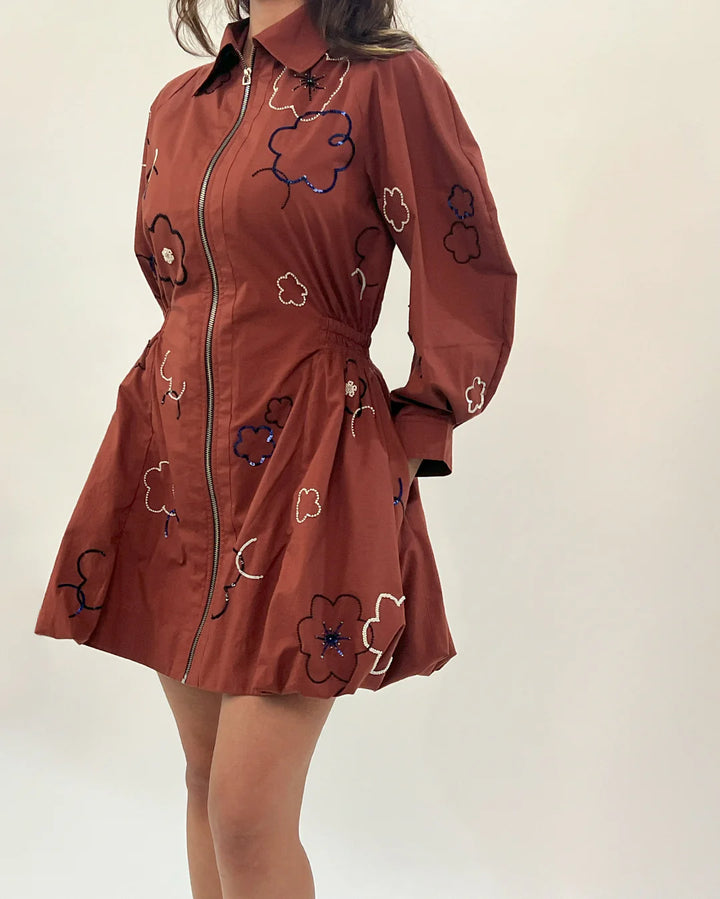 Embroidered bubble hem dress