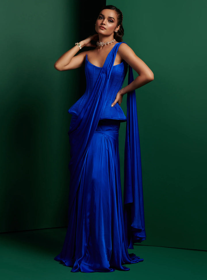 Electric Blue Victorian Corset with Drape Saree