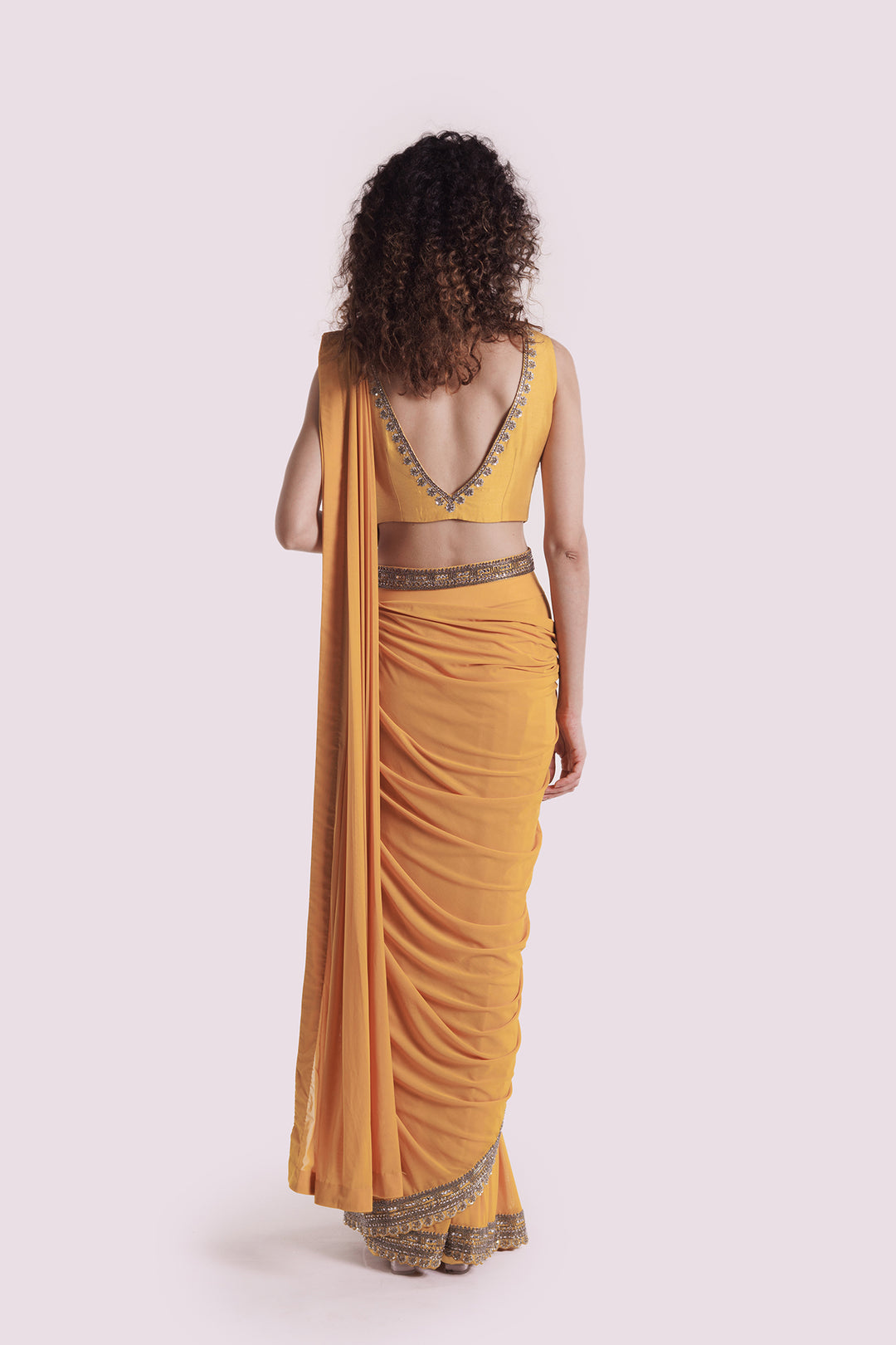 Embroidered Mustard Lycra drape saree