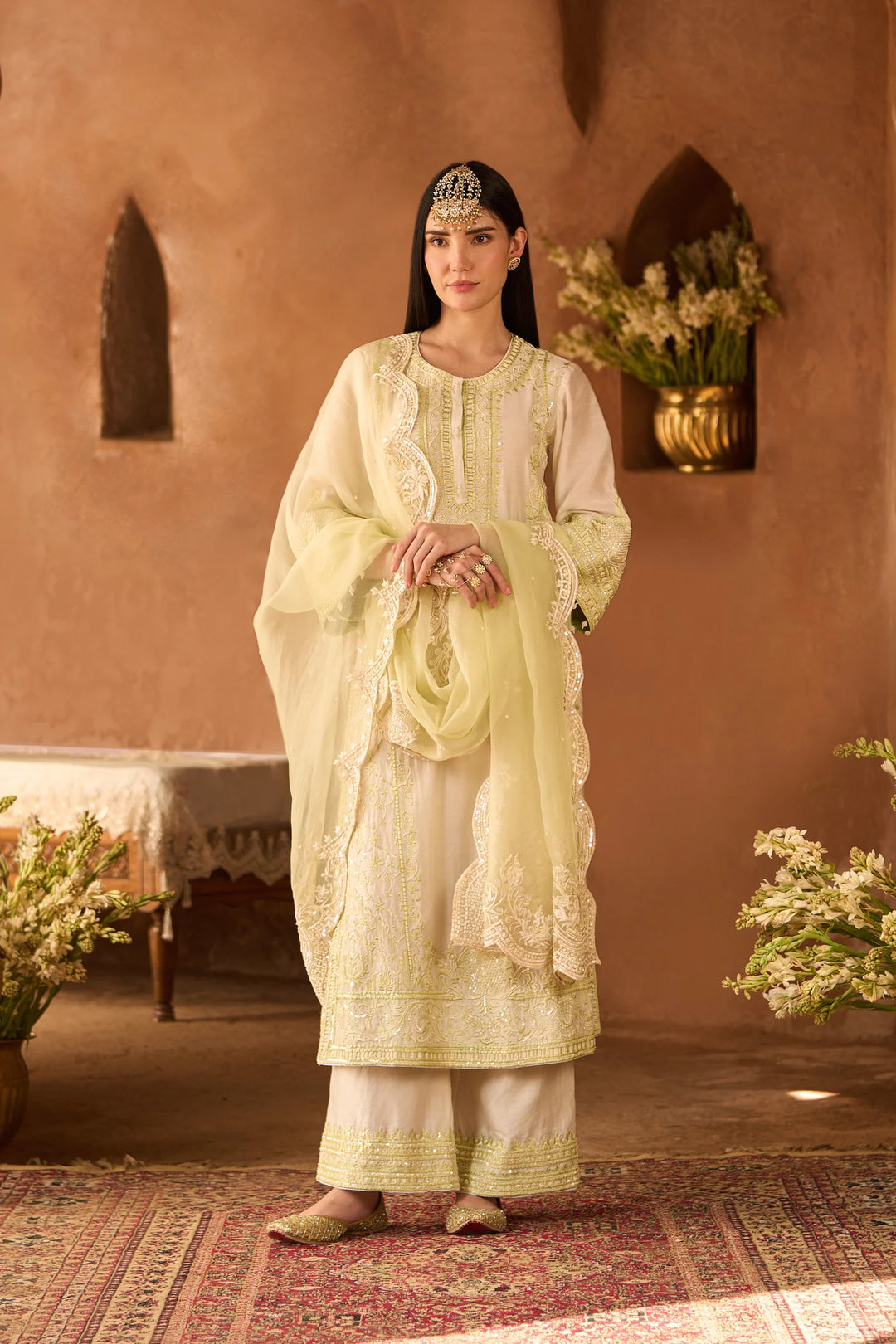 Ena - Daisy Ivory With Mint Green Long A-line Kurta With Palazzo And Dupatta