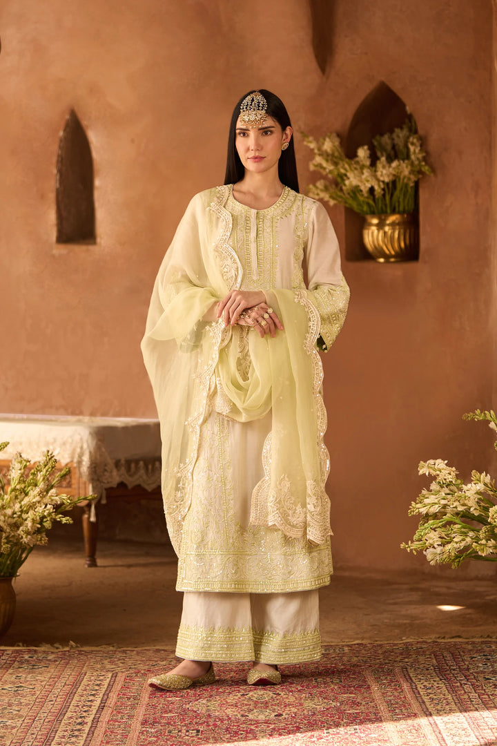 Ena - Daisy Ivory With Mint Green Long A-line Kurta With Palazzo And Dupatta