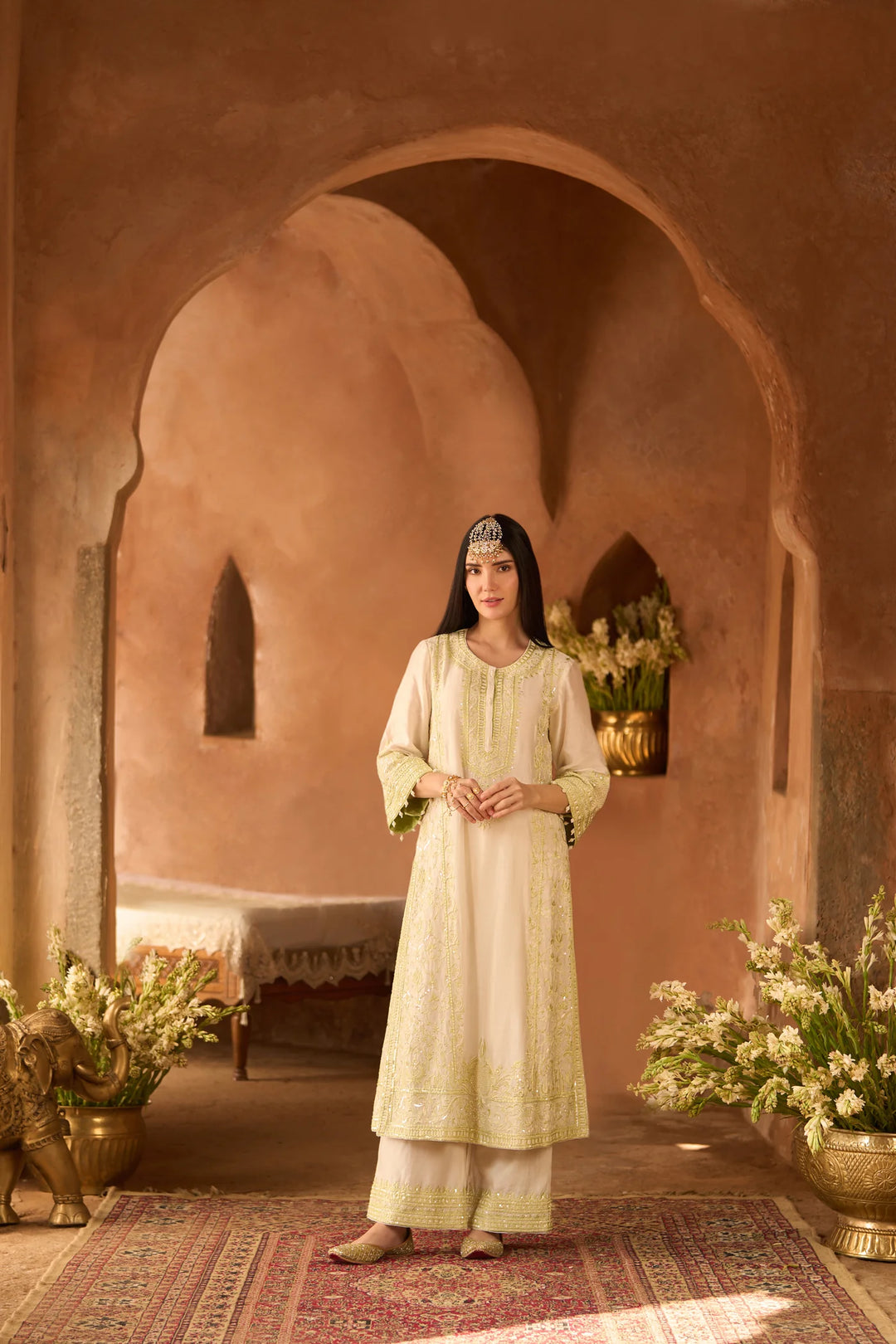 Ena - Daisy Ivory With Mint Green Long A-line Kurta With Palazzo And Dupatta