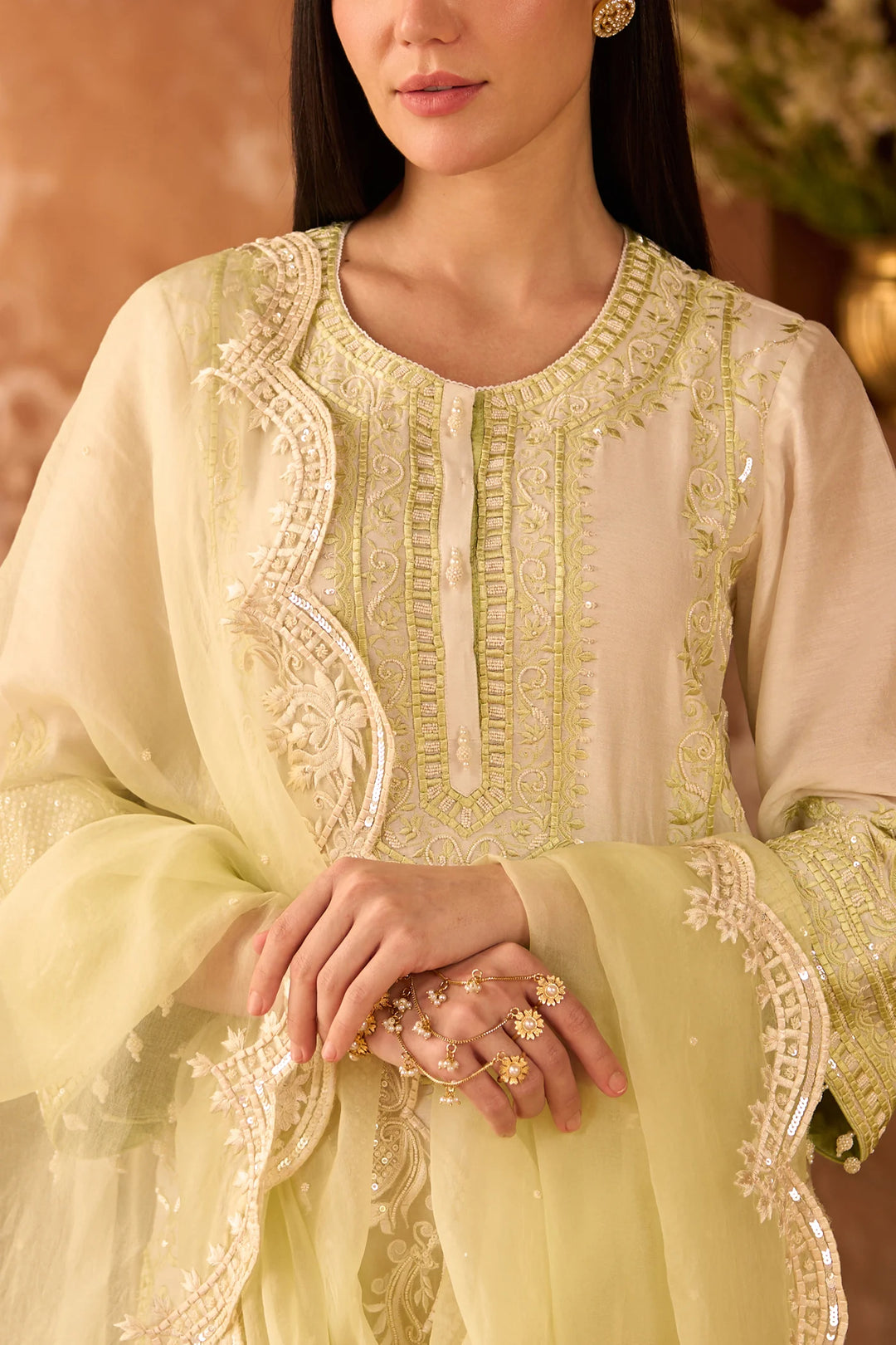 Ena - Daisy Ivory With Mint Green Long A-line Kurta With Palazzo And Dupatta