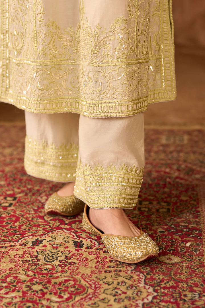 Ena - Daisy Ivory With Mint Green Long A-line Kurta With Palazzo And Dupatta