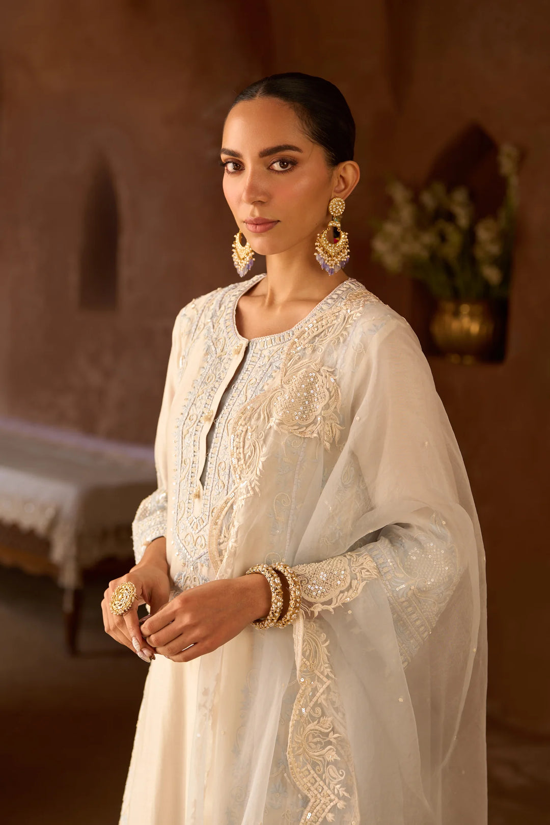 Ena - Daisy Ivory With Blue Long A-line Kurta With Palazzo And Dupatta