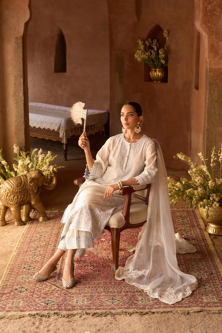 Ena - Daisy Ivory With Blue Long A-line Kurta With Palazzo And Dupatta