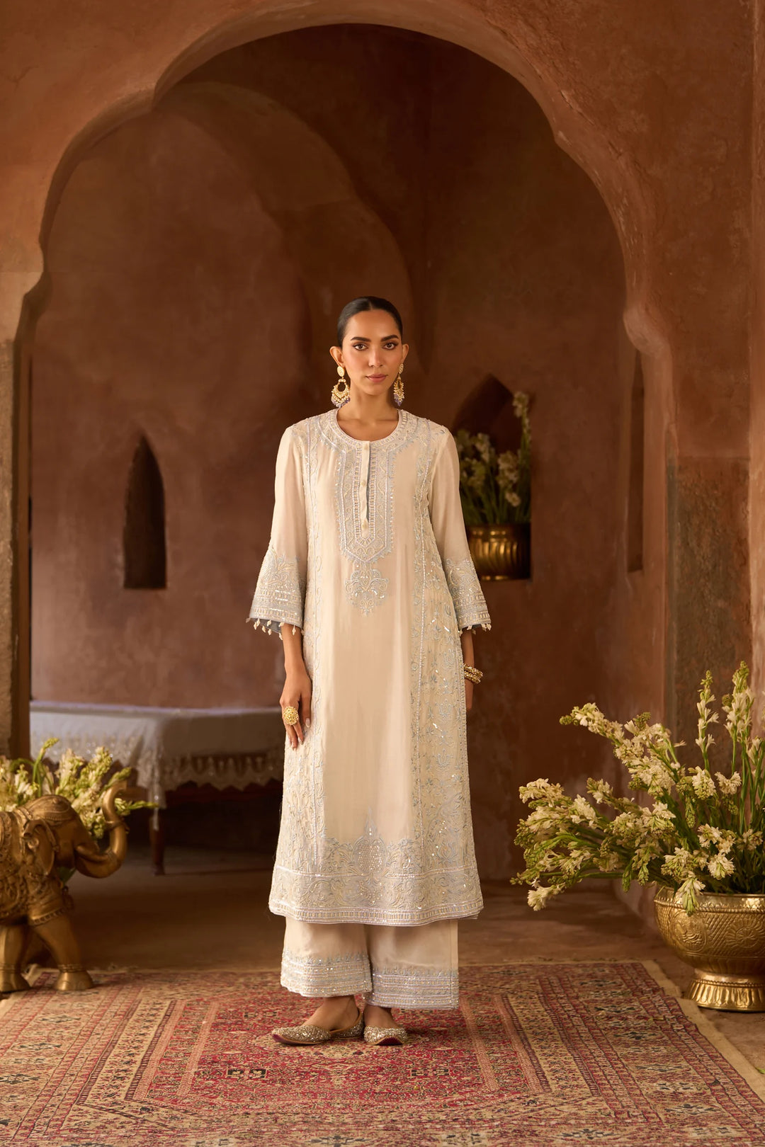 Ena - Daisy Ivory With Blue Long A-line Kurta With Palazzo And Dupatta