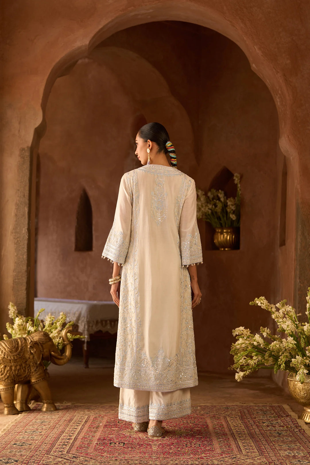 Ena - Daisy Ivory With Blue Long A-line Kurta With Palazzo And Dupatta