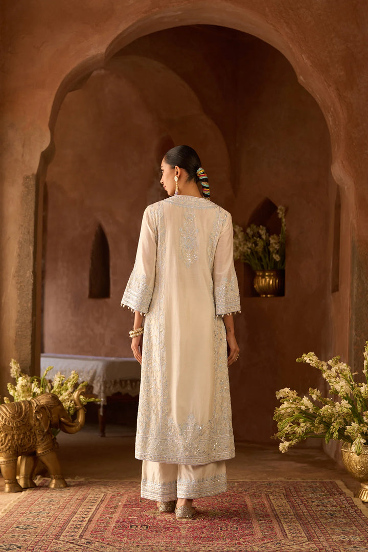 Ena - Daisy Ivory With Blue Long A-line Kurta With Palazzo And Dupatta