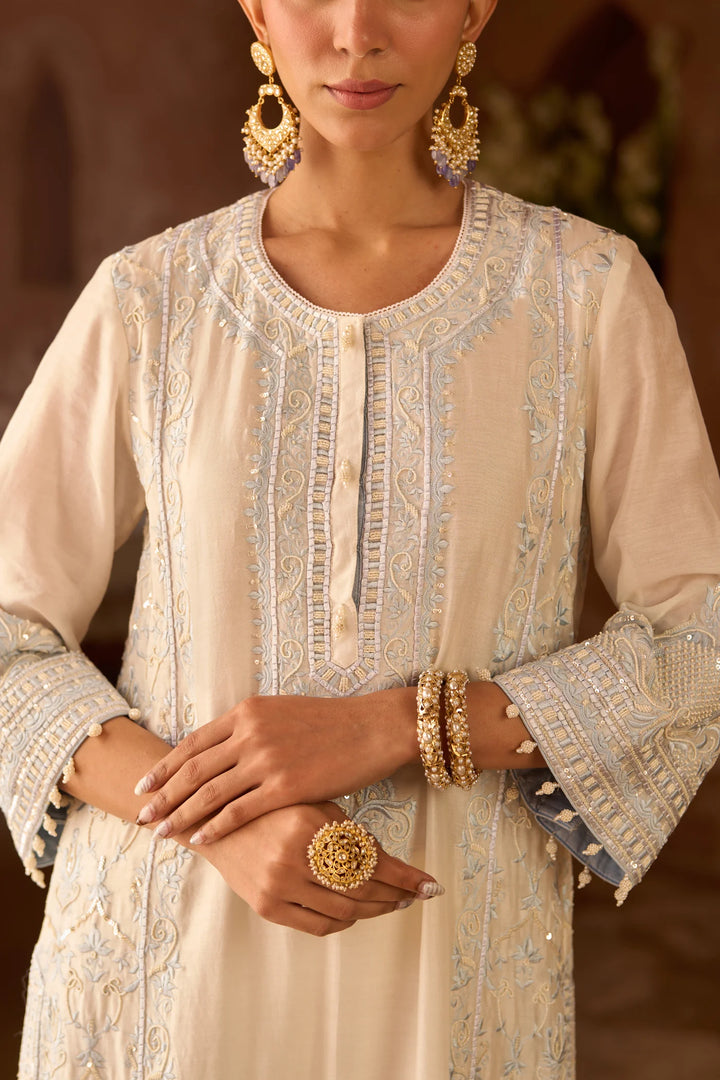 Ena - Daisy Ivory With Blue Long A-line Kurta With Palazzo And Dupatta