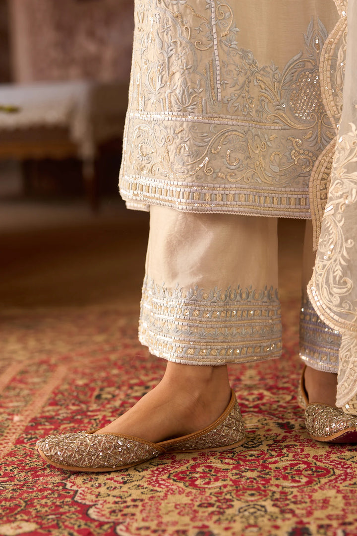 Ena - Daisy Ivory With Blue Long A-line Kurta With Palazzo And Dupatta