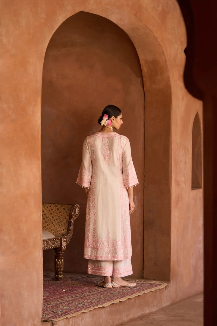 Ena - Daisy Ivory With Pink Long A-line Kurta With Palazzo And Dupatta